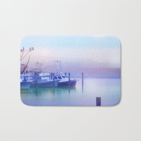 Moored Boats In the Early Morning Fog Bath Mat