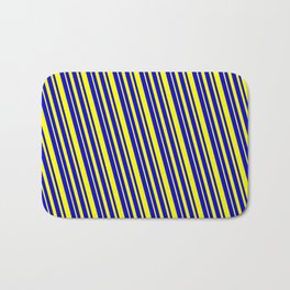 [ Thumbnail: Blue & Yellow Colored Striped/Lined Pattern Bath Mat ]