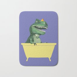 Playful T-Rex in Bathtub in Purple Bath Mat