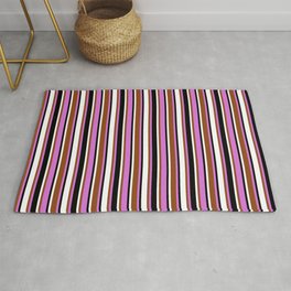 [ Thumbnail: Orchid, Brown, White & Black Colored Lined Pattern Rug ]
