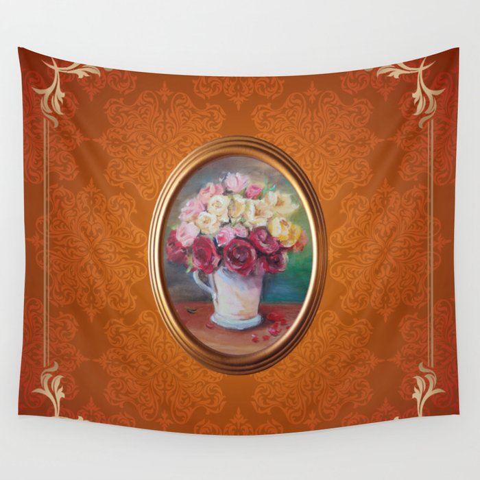 Bouquet of roses still life oil painting on damask pattern Wall Tapestry