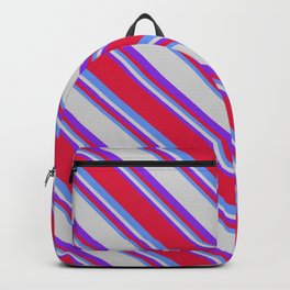 [ Thumbnail: Purple, Crimson, Cornflower Blue, and Light Grey Colored Lined/Striped Pattern Backpack ]
