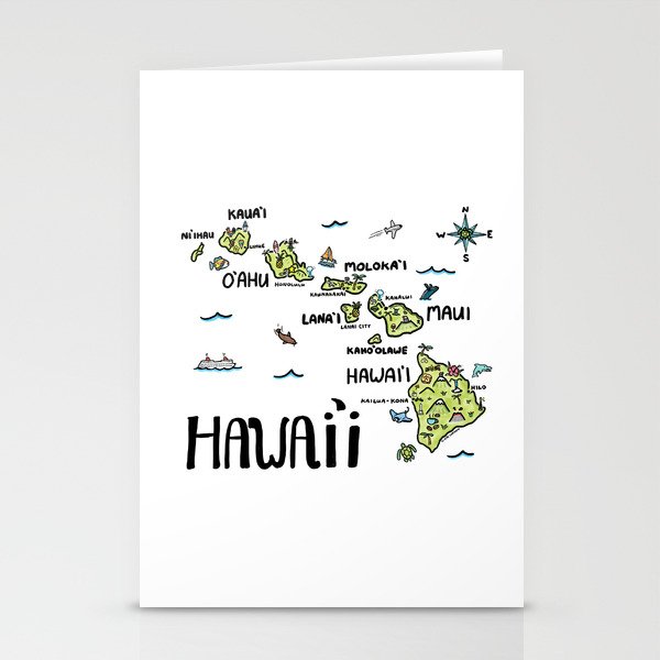 Hawaii Illustrated Map Color Stationery Cards