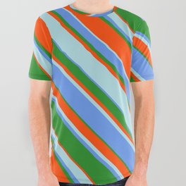 [ Thumbnail: Cornflower Blue, Forest Green, Red, and Powder Blue Colored Lines Pattern All Over Graphic Tee ]
