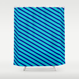 [ Thumbnail: Dark Turquoise & Dark Blue Colored Lined/Striped Pattern Shower Curtain ]