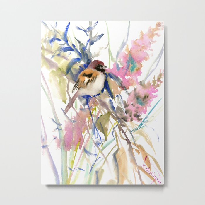 Birds and Flowers,The Sparrow in the Garden, Sparrow bird, floral design art Metal Print