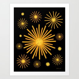 Abstract Hand-painted Vintage Fireworks in Gold and Black Art Print