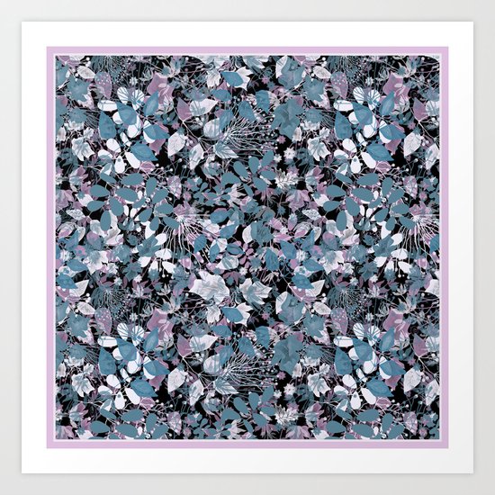 Openwork blue and purple leaves on a black background . Art Print