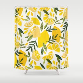 Lemon Blooms on White Shower Curtain