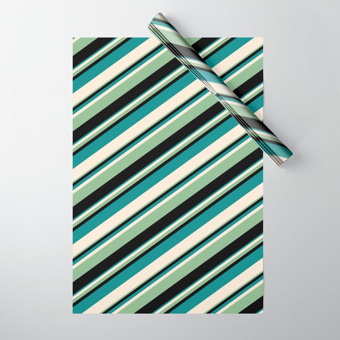 Dark Cyan, Beige, Dark Sea Green, and Black Colored Lines/Stripes Pattern Wrapping Paper