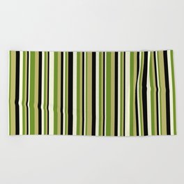 [ Thumbnail: Dark Khaki, Green, Beige, and Black Colored Lined Pattern Beach Towel ]