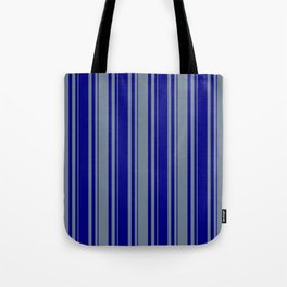 [ Thumbnail: Slate Gray and Blue Colored Lined Pattern Tote Bag ]