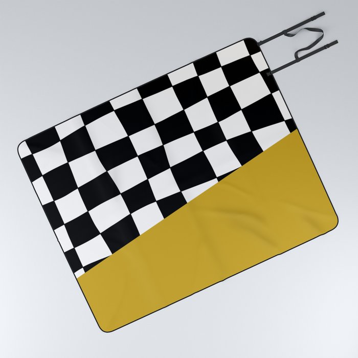 Checkered Stripe Block (mustard yellow/black/white) Picnic Blanket