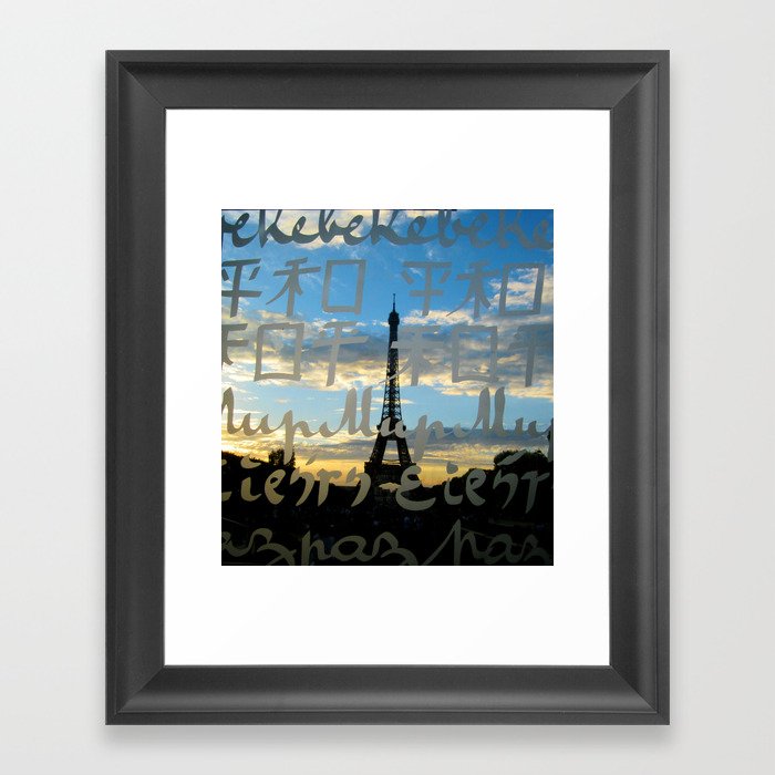 The Eiffel Tower behind the peace word - Traveling series Framed Art Print