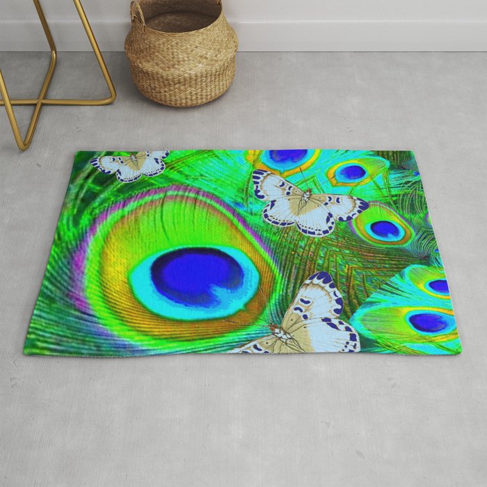 GREEN PEACOCK FEATHERS  & WHITE BUTTERFLIES FANTASY ART Rug
