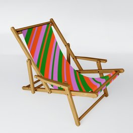 [ Thumbnail: Orchid, Green & Red Colored Stripes/Lines Pattern Sling Chair ]