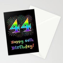 [ Thumbnail: 44th Birthday - Fun Rainbow Spectrum Gradient Pattern Text, Bursting Fireworks Inspired Background Stationery Cards ]