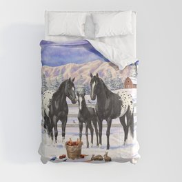 Black Appaloosa Horses In Winter Snow Comforter