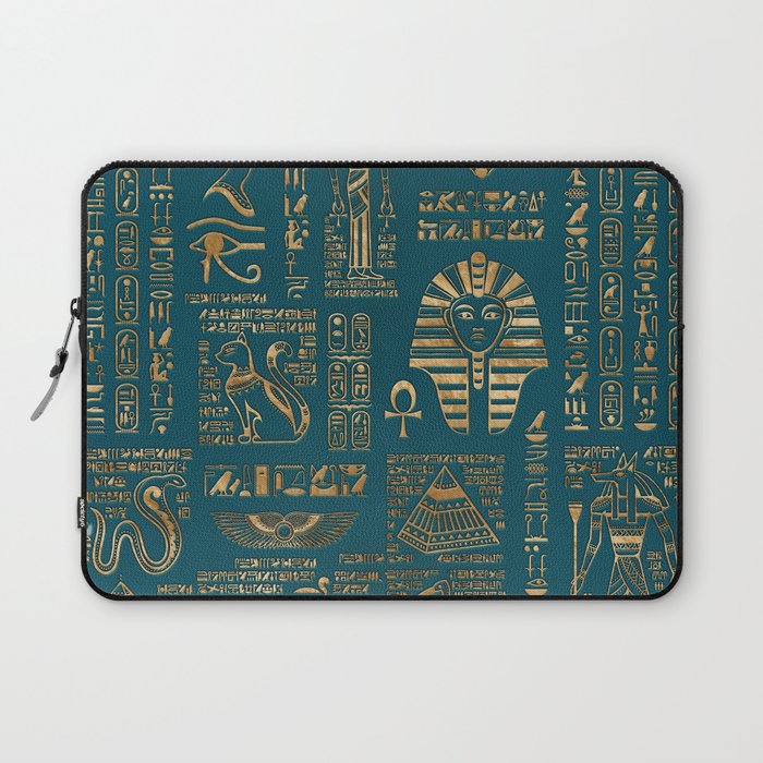 Egyptian hieroglyphs and deities - Gold on teal Laptop Sleeve