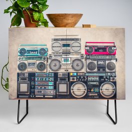 Retro old school design ghetto blaster stereo radio cassette tape recorders boombox tower from circa 1980s front concrete wall background. Vintage style filtered photo Credenza