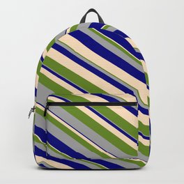 [ Thumbnail: Green, Dark Grey, Blue, and Bisque Colored Stripes/Lines Pattern Backpack ]