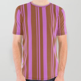 [ Thumbnail: Orchid & Sienna Colored Lines Pattern All Over Graphic Tee ]