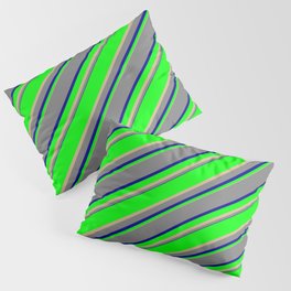 [ Thumbnail: Lime, Tan, Grey & Dark Blue Colored Lined/Striped Pattern Pillow Sham ]