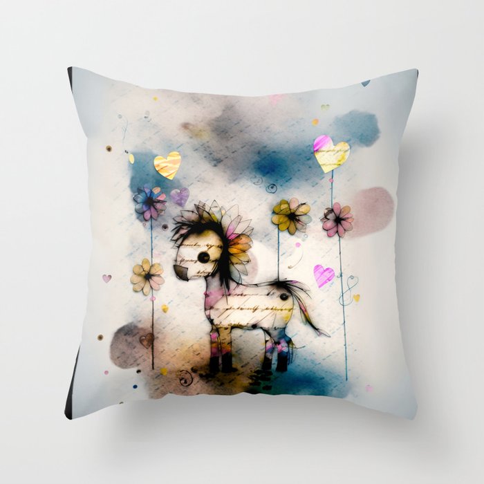 Hearts and Flowers Watercolor Pony I Throw Pillow