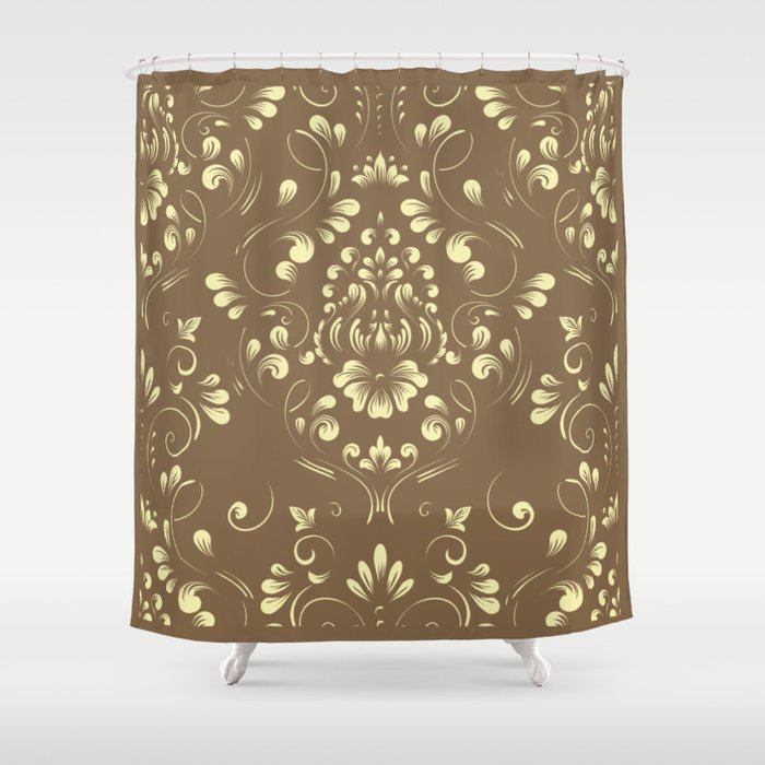 Beige Floral Damask  Pattern on  Chocolate Background  Shower Curtain