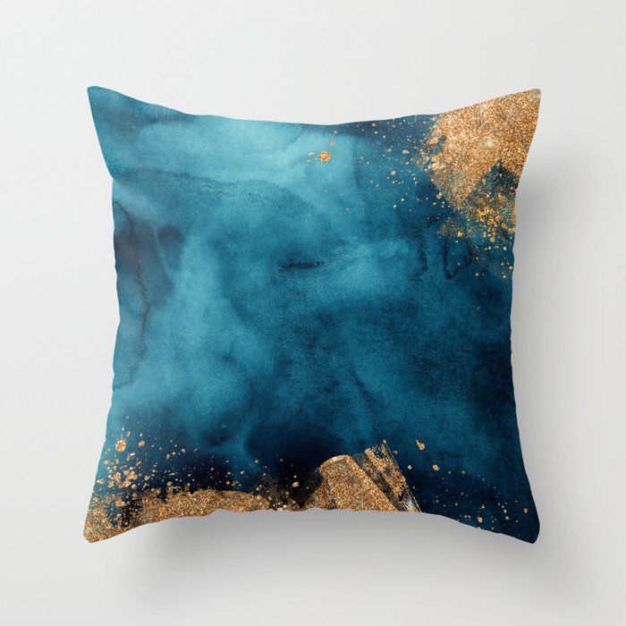 Teal Blue And Gold Hand Painted Marbled Texture Throw Pillow