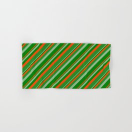 [ Thumbnail: Dark Sea Green, Green, Red & Forest Green Colored Lined/Striped Pattern Hand & Bath Towel ]