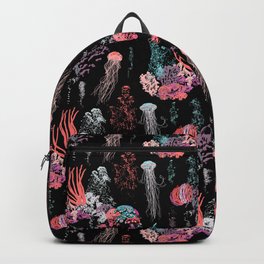 BLACK ABYSSES Backpack | Blue, Coral, Seaweed, Sealife, Red, Pink, Jellyfish, World, Black, Fauna 