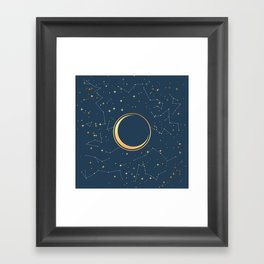 Navy and Gold Crescent Moon Eclipse Constellations Framed Art Print