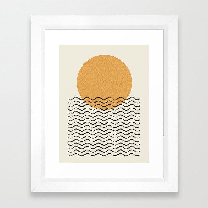 Ocean wave gold sunrise - mid century style Framed Art Print | Graphic-design, Ocean, Sea, Sunrise, Sunset, Scenery, Mid-century-modern, Midcentury, Mid-century-style, Retro