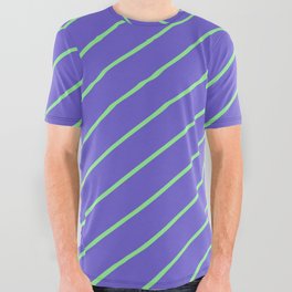 [ Thumbnail: Light Green and Slate Blue Colored Lines/Stripes Pattern All Over Graphic Tee ]