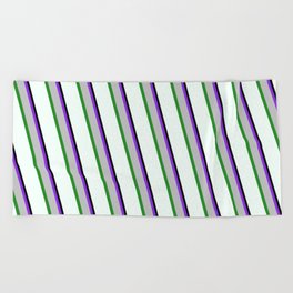 [ Thumbnail: Eye-catching Purple, Grey, Forest Green, Mint Cream, and Black Colored Lined/Striped Pattern Beach Towel ]