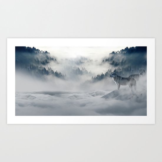 Wolves Among the Snowcaped Mountain Art Print