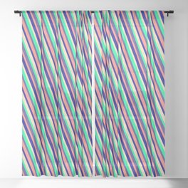[ Thumbnail: Colorful Tan, Green, Dark Slate Blue, Salmon & Dark Blue Colored Lined/Striped Pattern Sheer Curtain ]