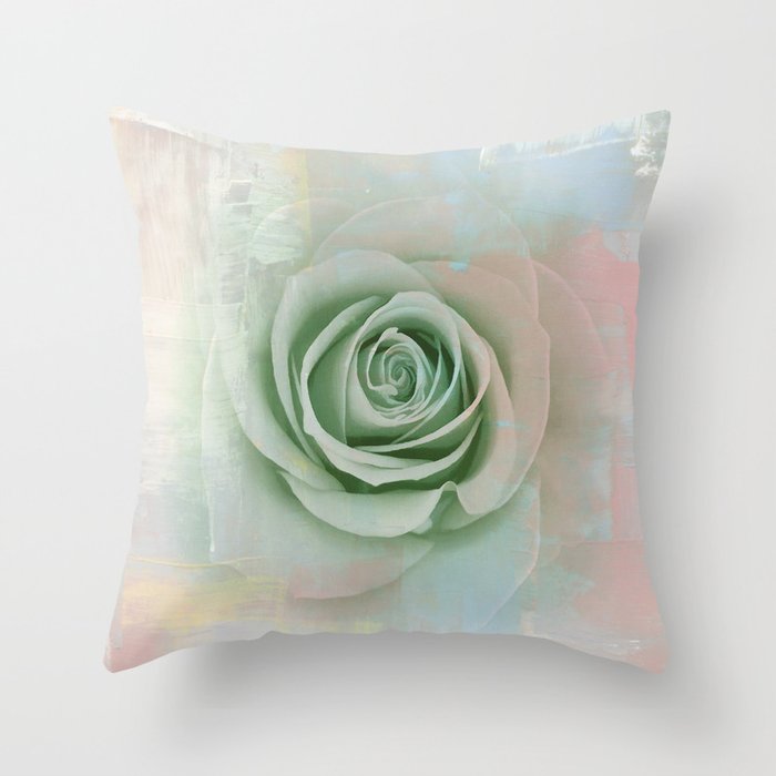 Elegant Painterly Mint Green Rose Abstract Throw Pillow