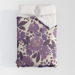 Elegant ivory gold lavender purple watercolor floral  Comforter