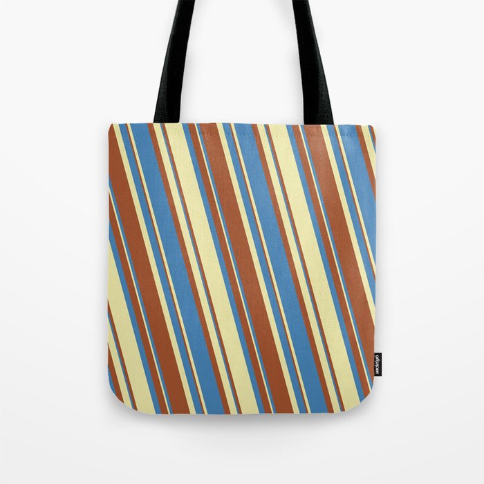 Blue, Pale Goldenrod, and Sienna Colored Stripes/Lines Pattern Tote Bag