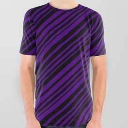 [ Thumbnail: Black and Indigo Colored Lines/Stripes Pattern All Over Graphic Tee ]