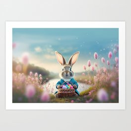 Cute Easter bunny in little blue jacket Art Print