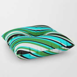 [ Thumbnail: Aqua, Forest Green, Light Cyan, and Black Colored Lines/Stripes Pattern Floor Pillow ]