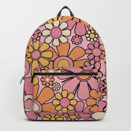 Retro Garden Flowers Groovy Floral Cheerful 60s 70s Pattern 2 Pink Mustard Yellow Orange Black Backpack | Retro, Thulian, Pattern, Spring, Floral, Flowers, Vintage, 70S, Pink, Graphicdesign 