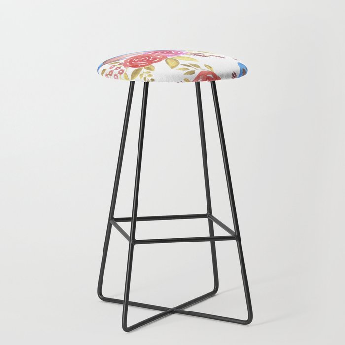 Eastern bluebird and roses in watercolor Bar Stool