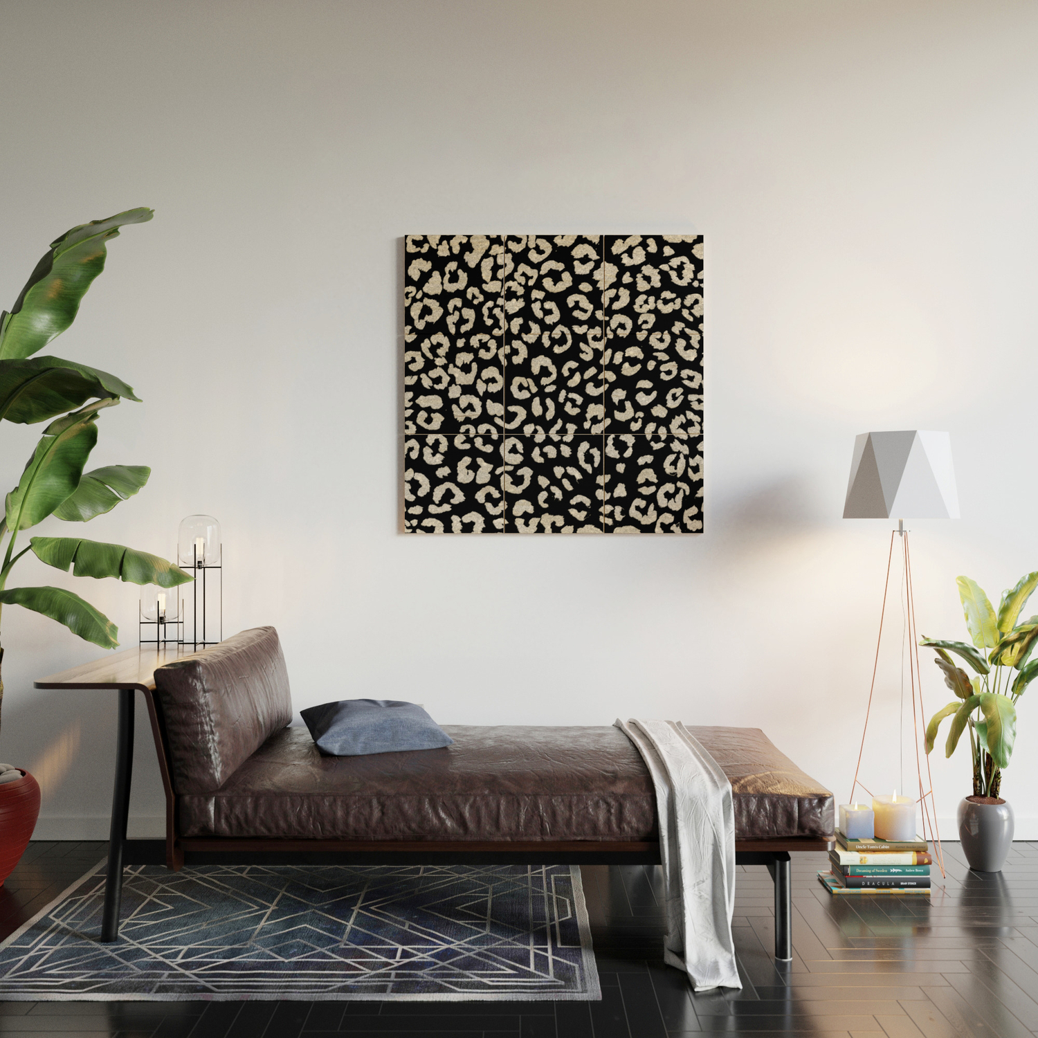 Modern Trendy Silver Glitter Hand Painted Leopard Pattern On Black Wood Wall Art By Girlytrend