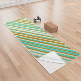 [ Thumbnail: Bisque, Turquoise, and Dark Goldenrod Colored Lines Pattern Yoga Towel ]