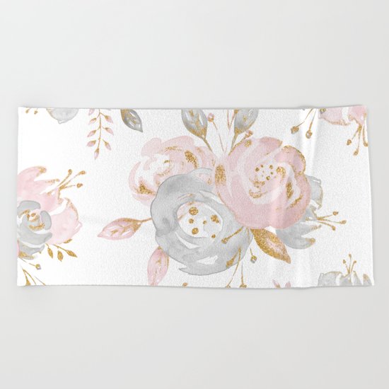 Roses Gold Glitter Pink by Nature Magick Beach Towel