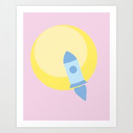 Abstract: Blue rocket ship in front of the yellow sun Art Print
